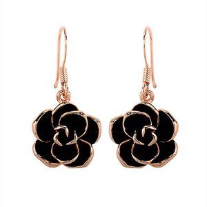 Rose Gold Plated Black Rose Flower Dangle Drop Earrings for Women